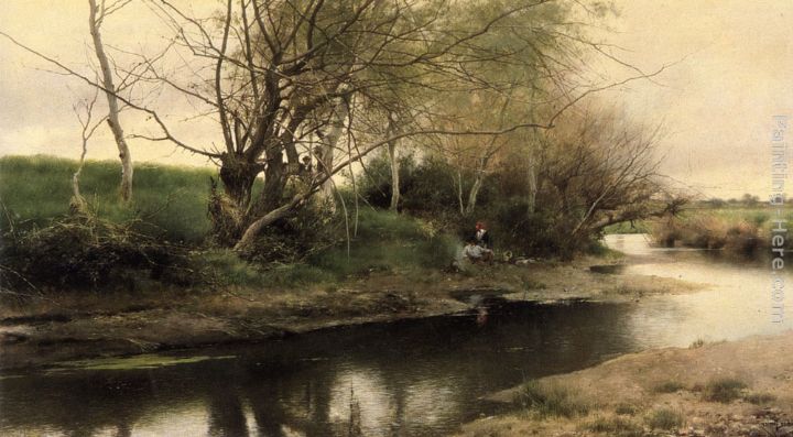 Feu de camp au bord d'une riviere painting - Emilio Sanchez-Perrier Feu de camp au bord d'une riviere art painting
